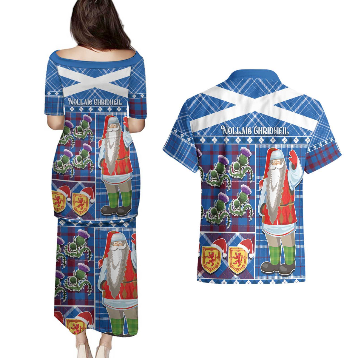 Santa Claus Thistle Scottish Christmas Couples Matching Puletasi and Hawaiian Shirt Tartan Pattern - Wonder Print Shop