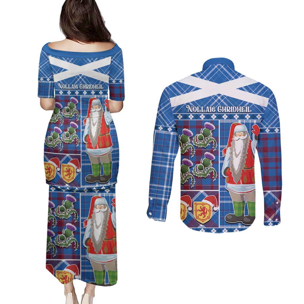 Santa Claus Thistle Scottish Christmas Couples Matching Puletasi and Long Sleeve Button Shirt Tartan Pattern - Wonder Print Shop