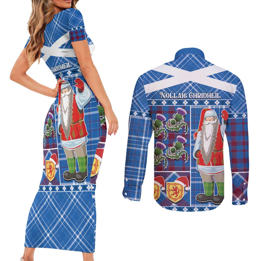Santa Claus Thistle Scottish Christmas Couples Matching Short Sleeve Bodycon Dress and Long Sleeve Button Shirt Tartan Pattern - Wonder Print Shop