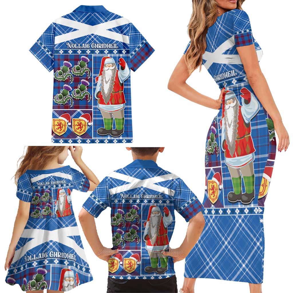 Santa Claus Thistle Scottish Christmas Family Matching Short Sleeve Bodycon Dress and Hawaiian Shirt Tartan Pattern - Wonder Print Shop