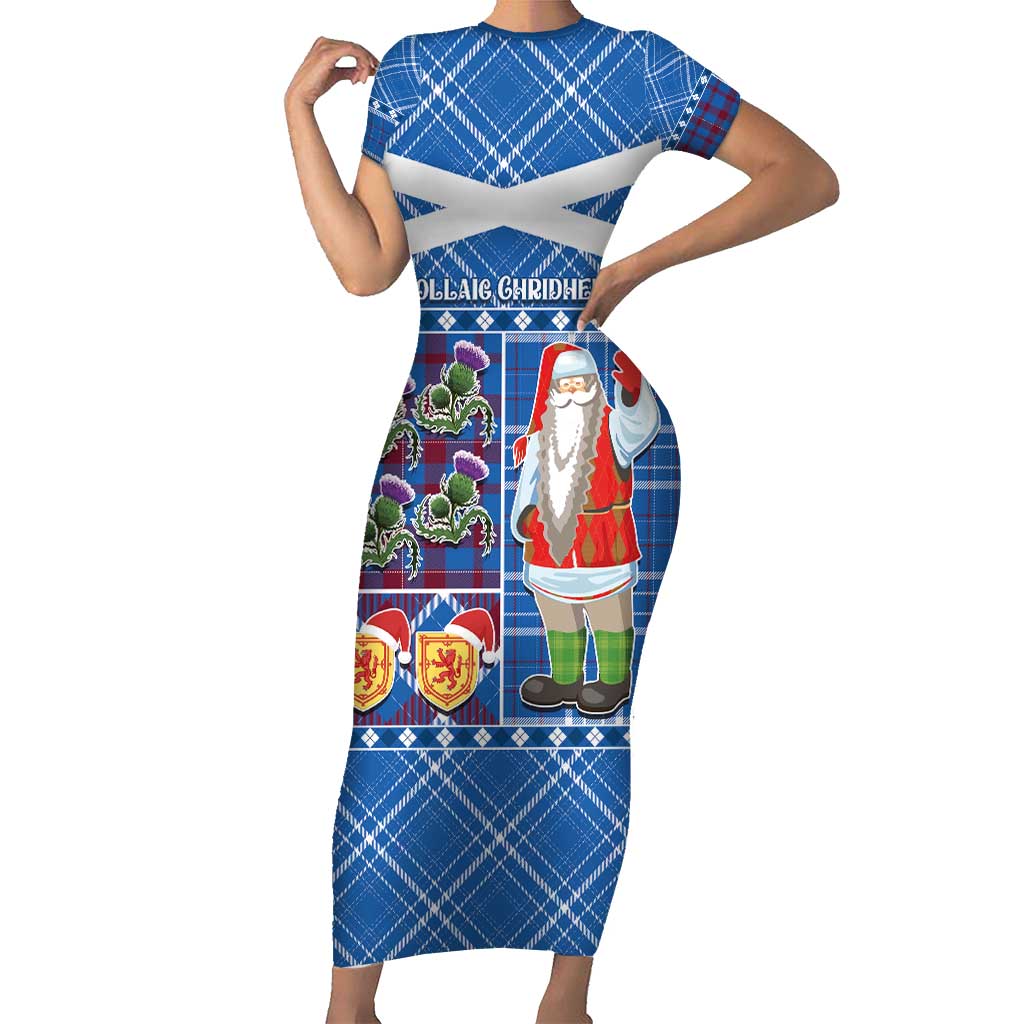 Santa Claus Thistle Scottish Christmas Short Sleeve Bodycon Dress Tartan Pattern - Wonder Print Shop