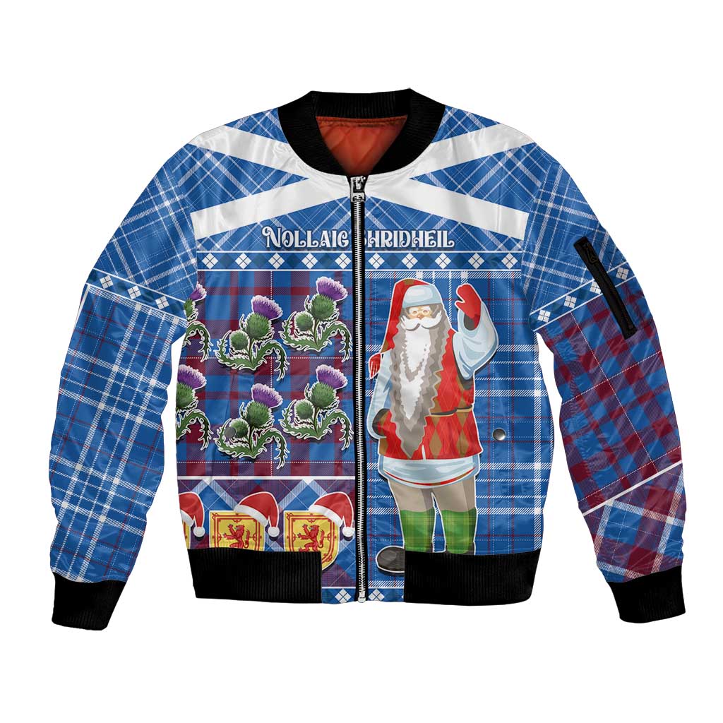Santa Claus Thistle Scottish Christmas Sleeve Zip Bomber Jacket Tartan Pattern - Wonder Print Shop