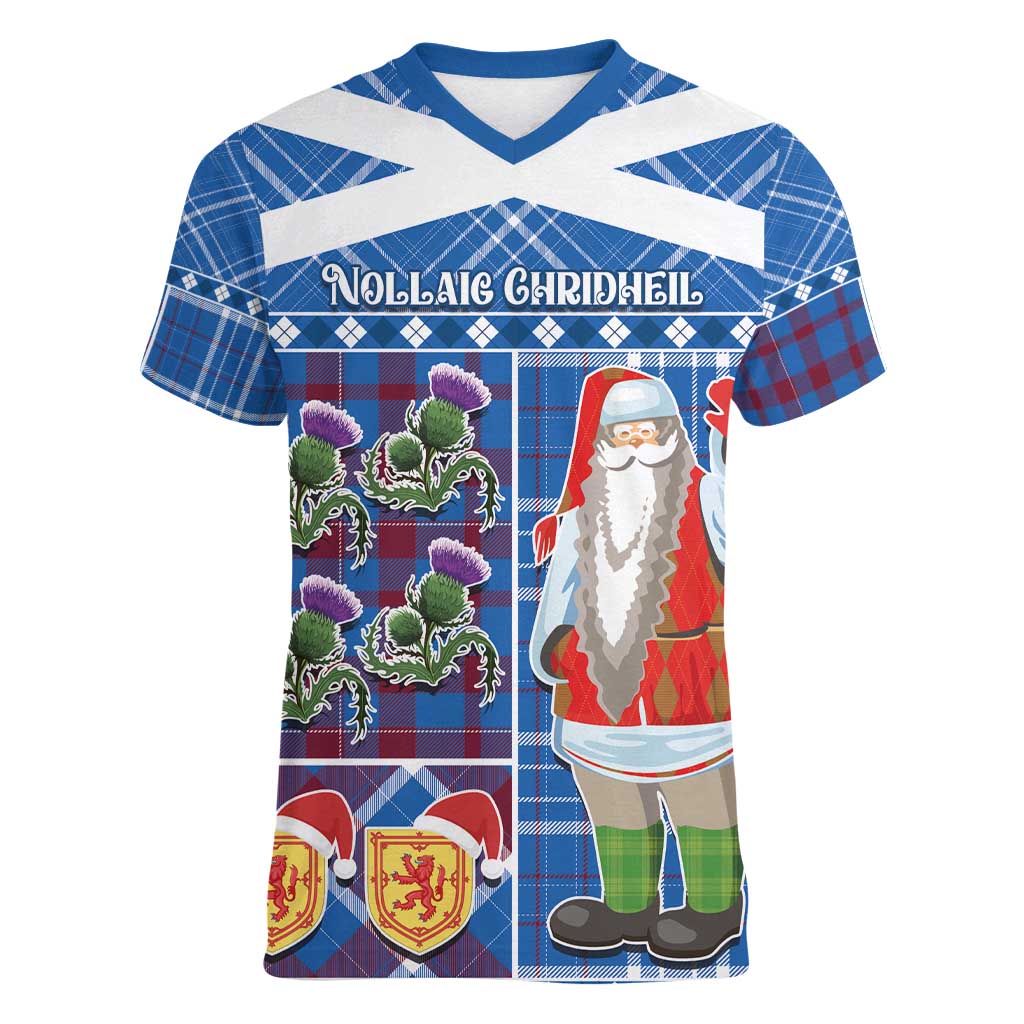 Santa Claus Thistle Scottish Christmas Women V-Neck T-Shirt Tartan Pattern - Wonder Print Shop