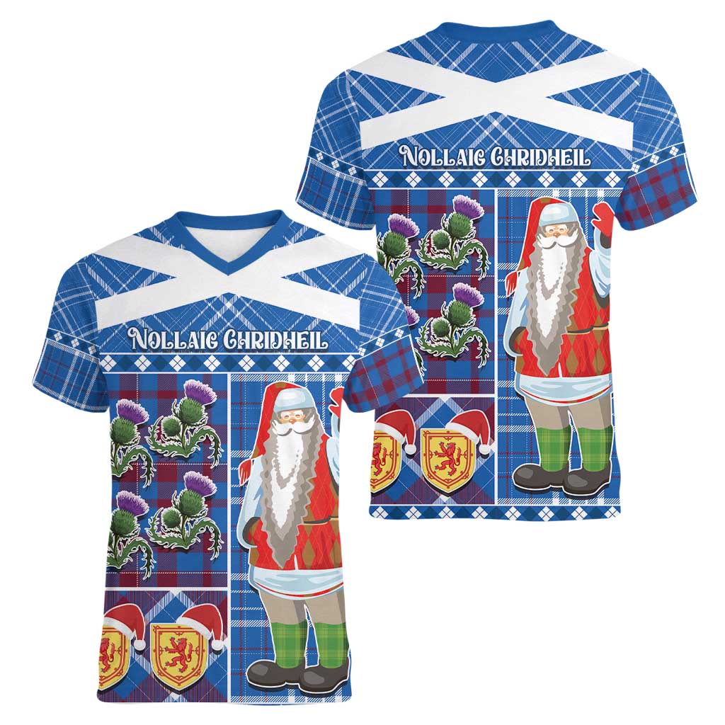 Santa Claus Thistle Scottish Christmas Women V-Neck T-Shirt Tartan Pattern - Wonder Print Shop