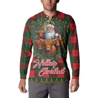 Santa and Higland Cows Scottish Christmas Button Sweatshirt Tartan Pattern - Wonder Print Shop