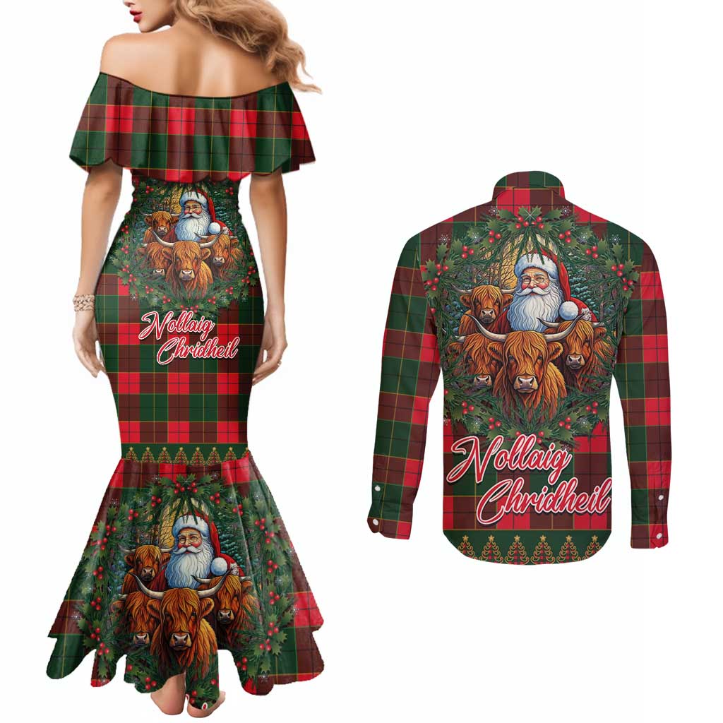 Santa and Higland Cows Scottish Christmas Couples Matching Mermaid Dress and Long Sleeve Button Shirt Tartan Pattern