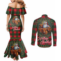 Santa and Higland Cows Scottish Christmas Couples Matching Mermaid Dress and Long Sleeve Button Shirt Tartan Pattern