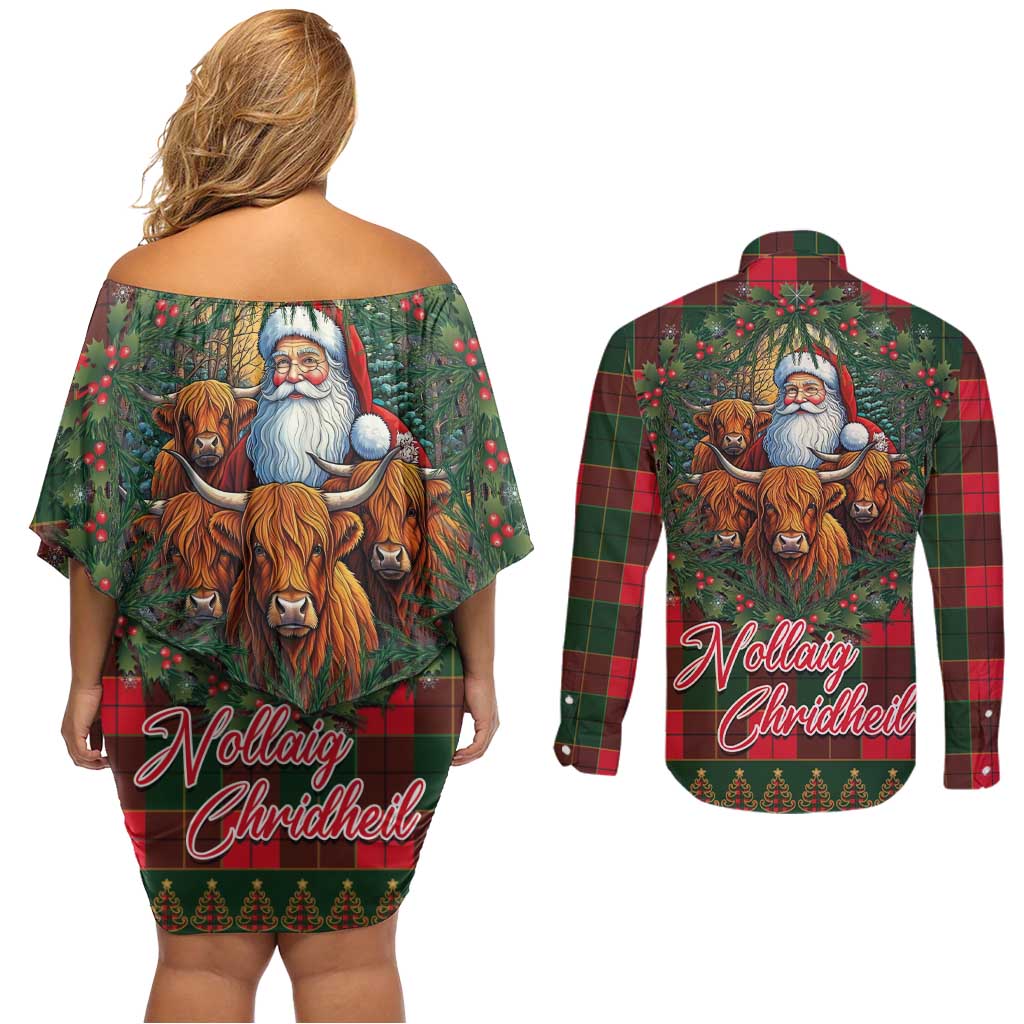 Santa and Higland Cows Scottish Christmas Couples Matching Off Shoulder Short Dress and Long Sleeve Button Shirt Tartan Pattern - Wonder Print Shop