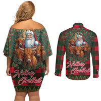 Santa and Higland Cows Scottish Christmas Couples Matching Off Shoulder Short Dress and Long Sleeve Button Shirt Tartan Pattern - Wonder Print Shop