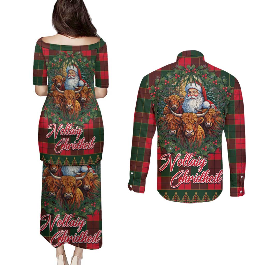 Santa and Higland Cows Scottish Christmas Couples Matching Puletasi and Long Sleeve Button Shirt Tartan Pattern - Wonder Print Shop