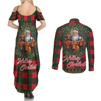 Santa and Higland Cows Scottish Christmas Couples Matching Summer Maxi Dress and Long Sleeve Button Shirt Tartan Pattern - Wonder Print Shop