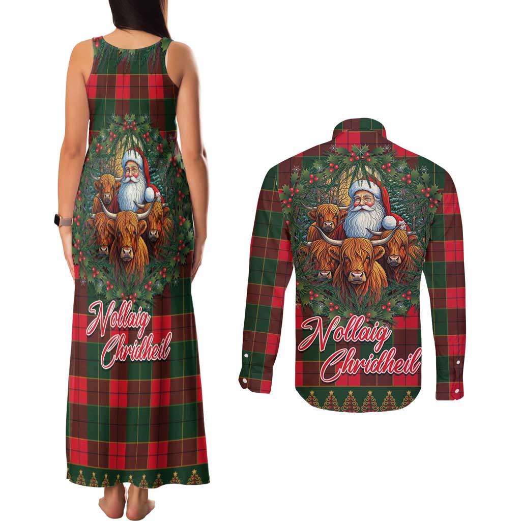 Santa and Higland Cows Scottish Christmas Couples Matching Tank Maxi Dress and Long Sleeve Button Shirt Tartan Pattern - Wonder Print Shop