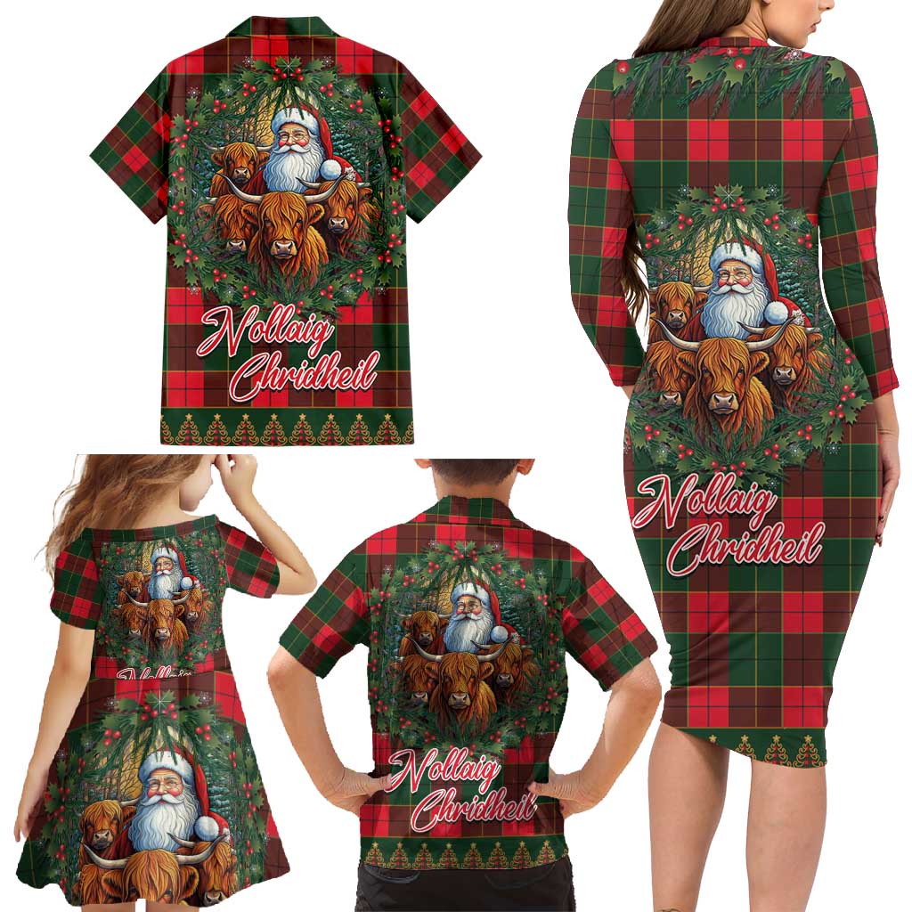 Santa and Higland Cows Scottish Christmas Family Matching Long Sleeve Bodycon Dress and Hawaiian Shirt Tartan Pattern - Wonder Print Shop