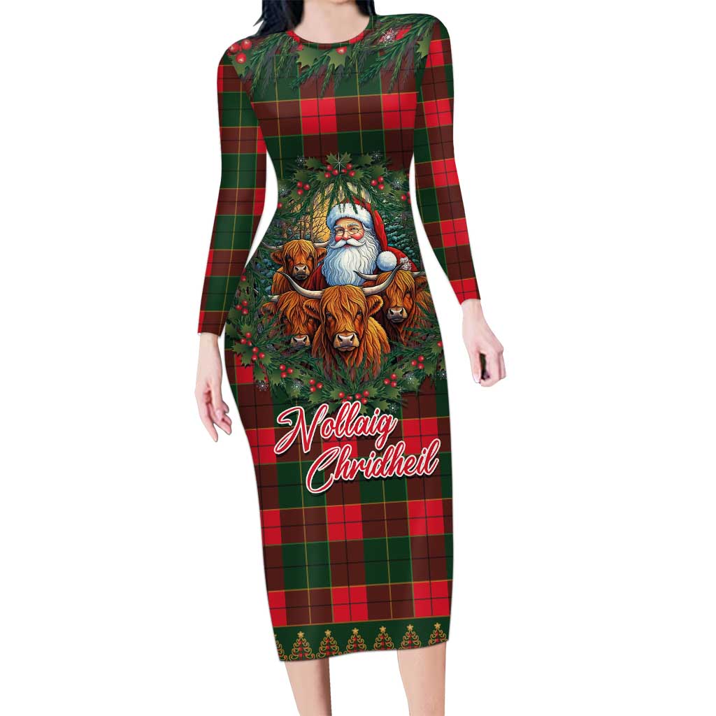 Santa and Higland Cows Scottish Christmas Family Matching Long Sleeve Bodycon Dress and Hawaiian Shirt Tartan Pattern - Wonder Print Shop