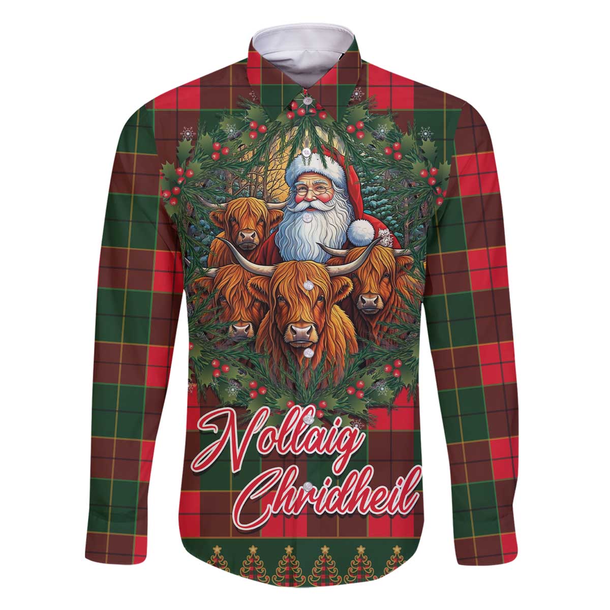 Santa and Higland Cows Scottish Christmas Family Matching Off The Shoulder Long Sleeve Dress and Hawaiian Shirt Tartan Pattern - Wonder Print Shop