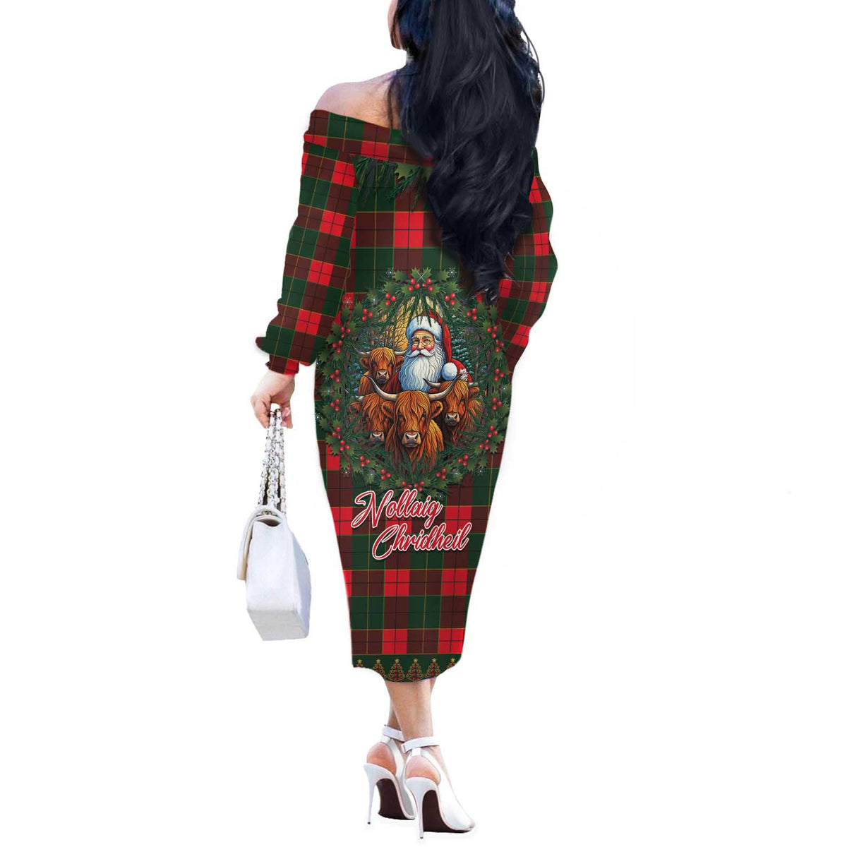 Santa and Higland Cows Scottish Christmas Off The Shoulder Long Sleeve Dress Tartan Pattern - Wonder Print Shop