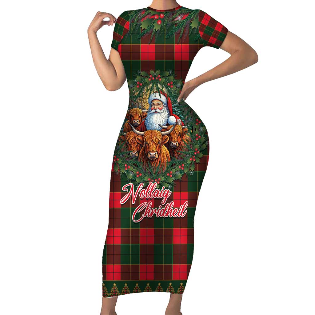Santa and Higland Cows Scottish Christmas Short Sleeve Bodycon Dress Tartan Pattern - Wonder Print Shop