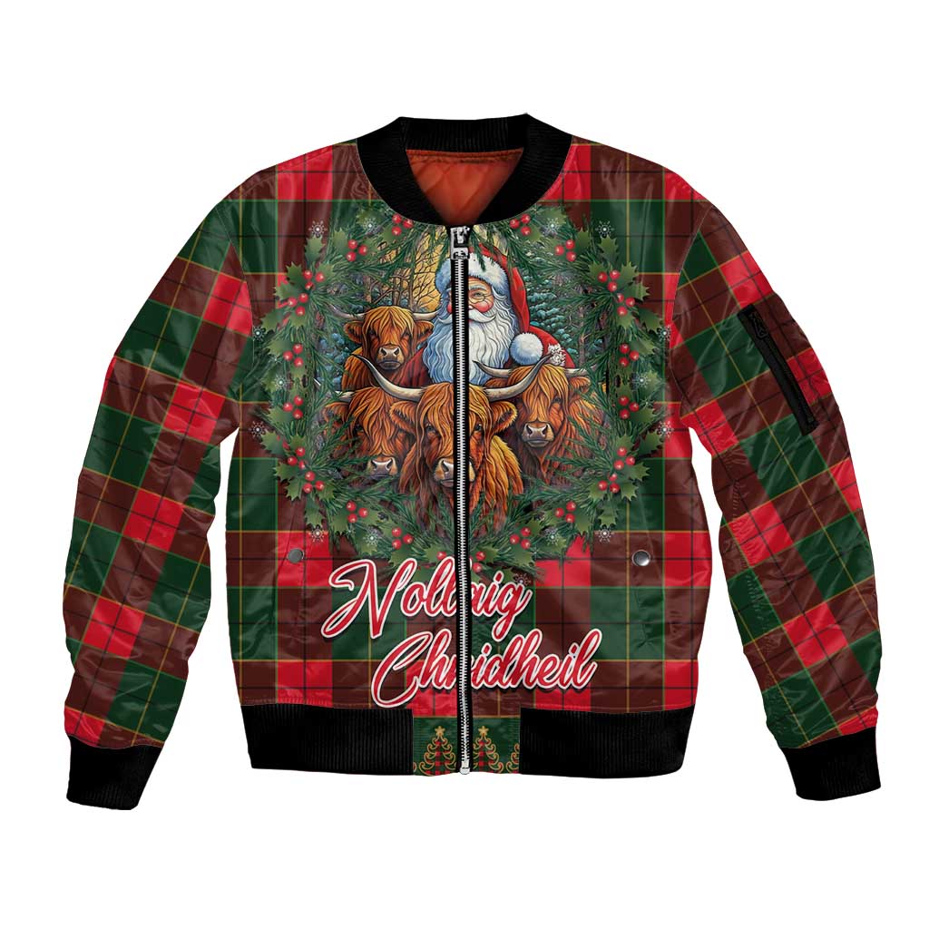 Santa and Higland Cows Scottish Christmas Sleeve Zip Bomber Jacket Tartan Pattern - Wonder Print Shop