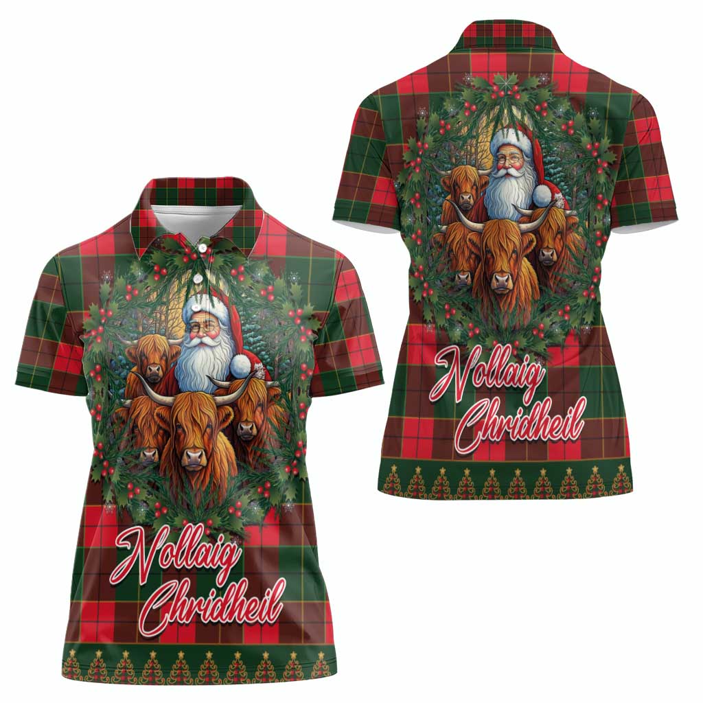 Santa and Higland Cows Scottish Christmas Women Polo Shirt Tartan Pattern - Wonder Print Shop