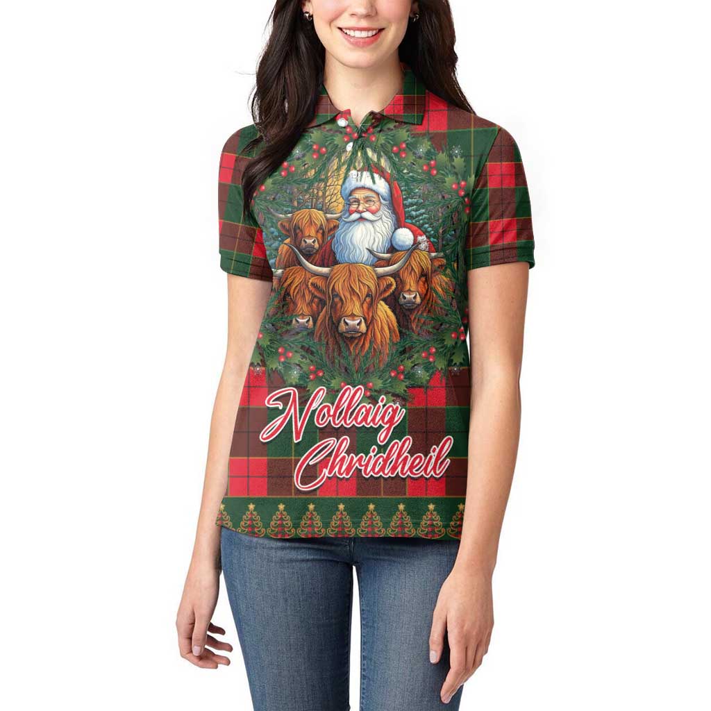 Santa and Higland Cows Scottish Christmas Women Polo Shirt Tartan Pattern - Wonder Print Shop