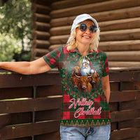 Santa and Higland Cows Scottish Christmas Women Polo Shirt Tartan Pattern - Wonder Print Shop