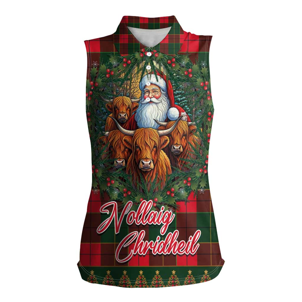Santa and Higland Cows Scottish Christmas Women Sleeveless Polo Shirt Tartan Pattern - Wonder Print Shop
