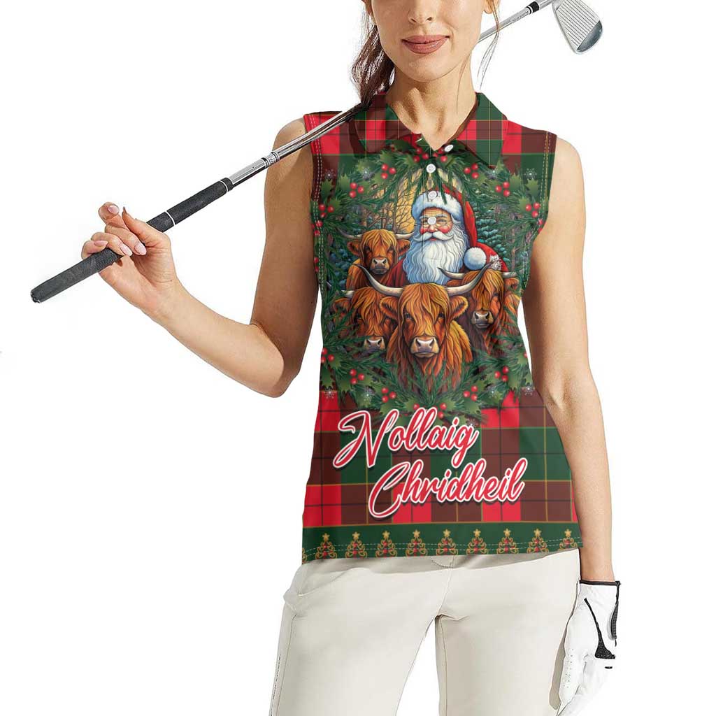 Santa and Higland Cows Scottish Christmas Women Sleeveless Polo Shirt Tartan Pattern - Wonder Print Shop