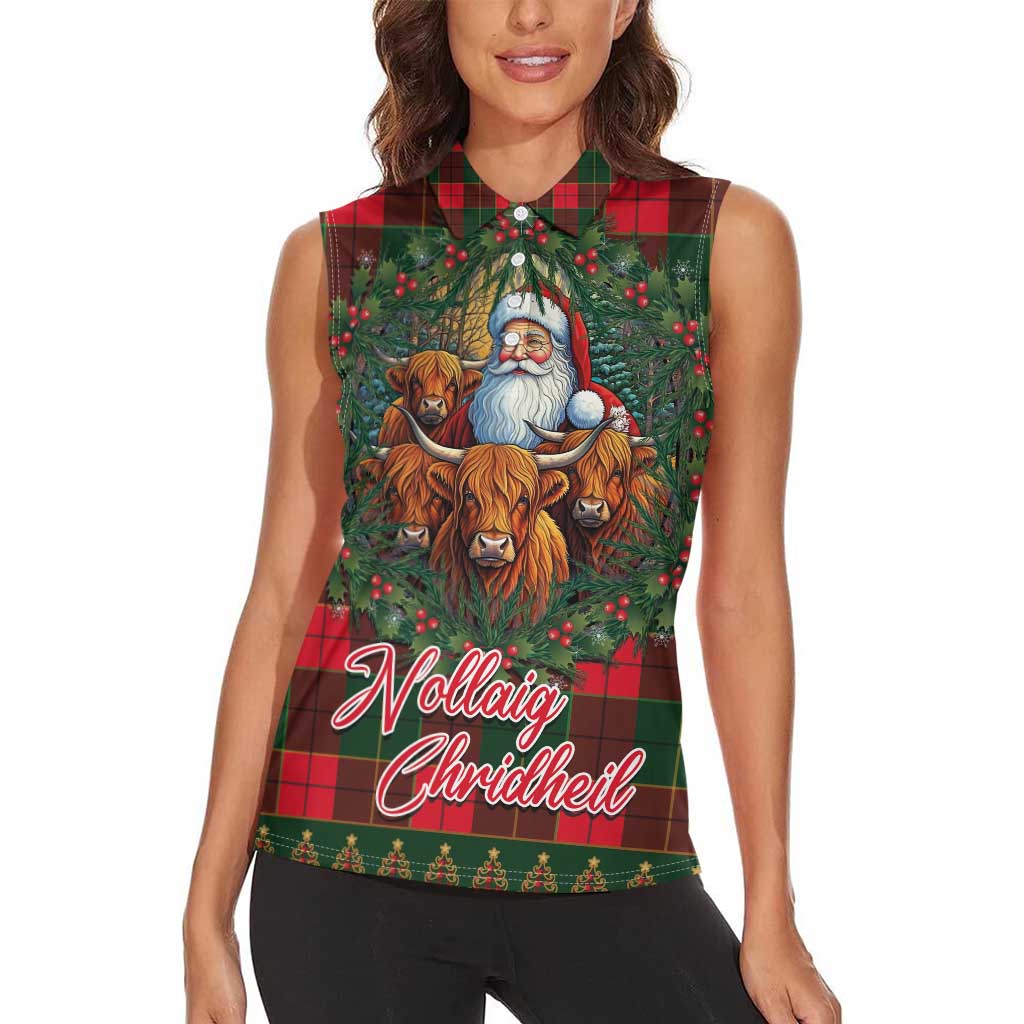 Santa and Higland Cows Scottish Christmas Women Sleeveless Polo Shirt Tartan Pattern - Wonder Print Shop