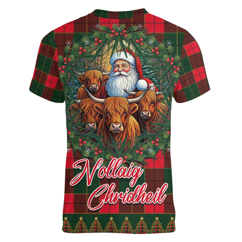 Santa and Higland Cows Scottish Christmas Women V-Neck T-Shirt Tartan Pattern - Wonder Print Shop