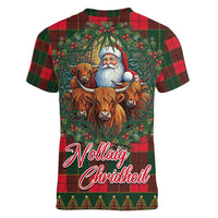 Santa and Higland Cows Scottish Christmas Women V-Neck T-Shirt Tartan Pattern - Wonder Print Shop