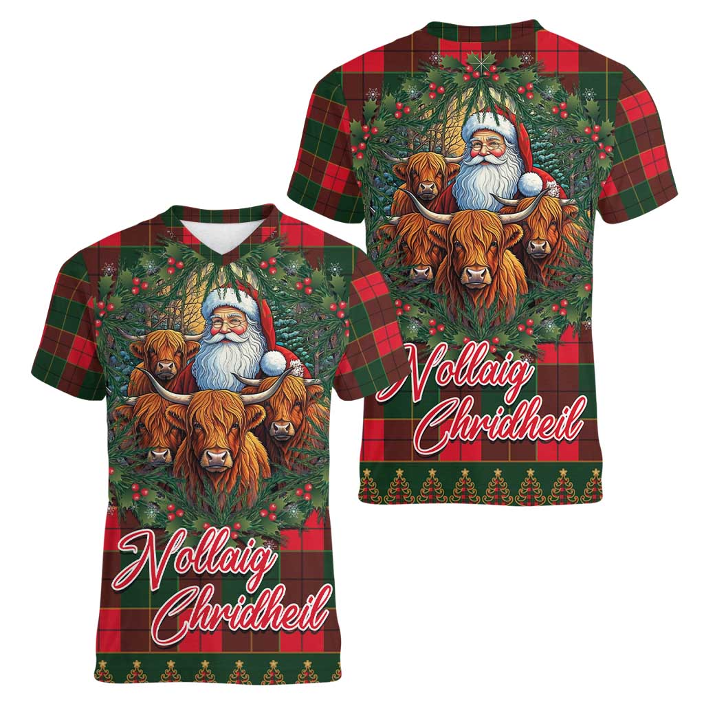 Santa and Higland Cows Scottish Christmas Women V-Neck T-Shirt Tartan Pattern - Wonder Print Shop