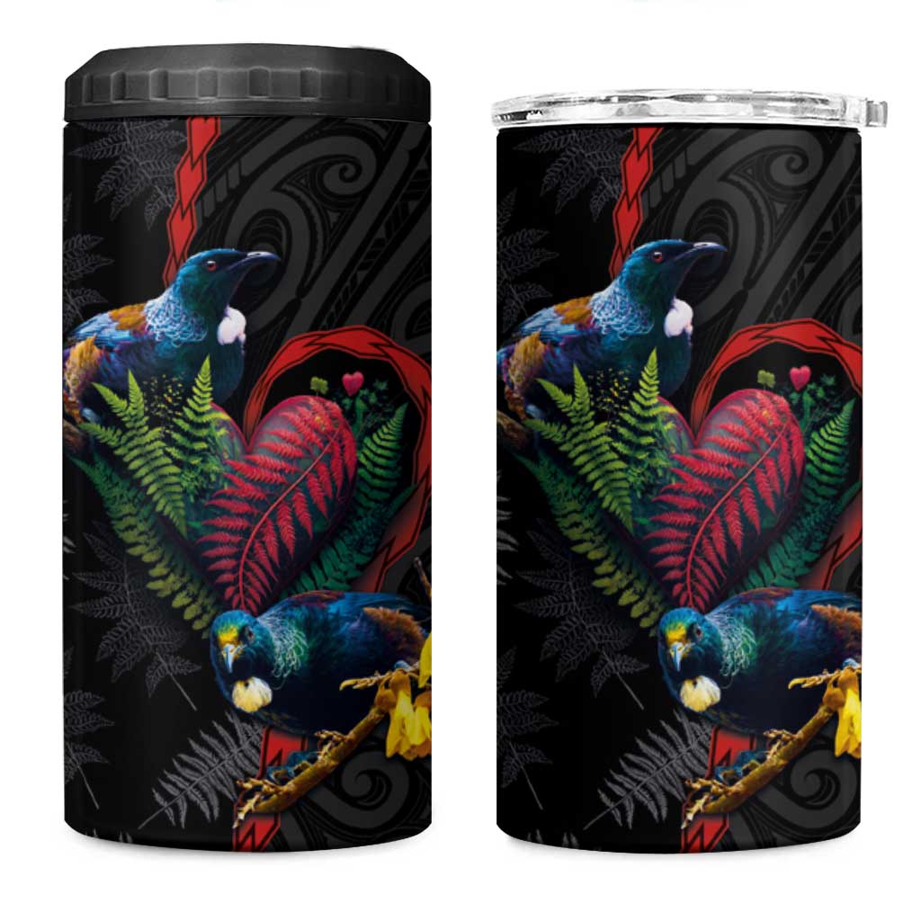 New Zealand Tui Birds Love Couple 4 in 1 Can Cooler Tumbler The Heart of Silver Fern Leaves and Maori Tattoo Pattern - Wonder Print Shop