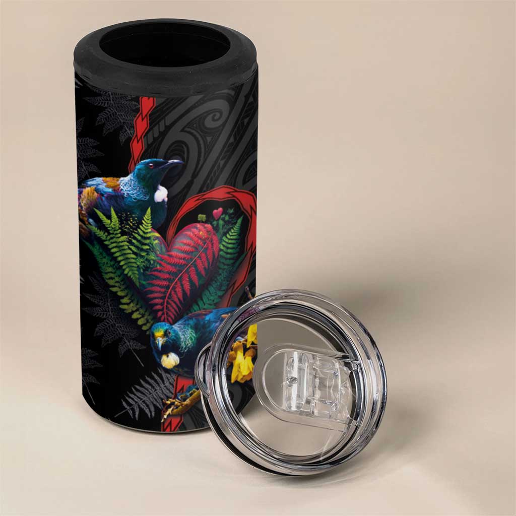 New Zealand Tui Birds Love Couple 4 in 1 Can Cooler Tumbler The Heart of Silver Fern Leaves and Maori Tattoo Pattern - Wonder Print Shop