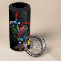 New Zealand Tui Birds Love Couple 4 in 1 Can Cooler Tumbler The Heart of Silver Fern Leaves and Maori Tattoo Pattern - Wonder Print Shop