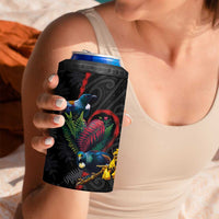 New Zealand Tui Birds Love Couple 4 in 1 Can Cooler Tumbler The Heart of Silver Fern Leaves and Maori Tattoo Pattern - Wonder Print Shop