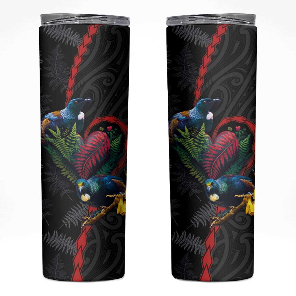 New Zealand Tui Birds Love Couple Skinny Tumbler The Heart of Silver Fern Leaves and Maori Tattoo Pattern - Wonder Print Shop