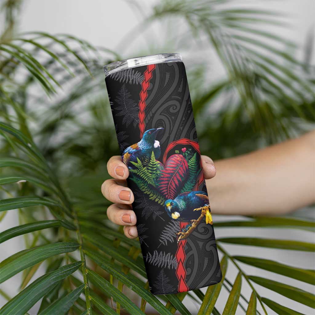 New Zealand Tui Birds Love Couple Skinny Tumbler The Heart of Silver Fern Leaves and Maori Tattoo Pattern - Wonder Print Shop