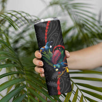 New Zealand Tui Birds Love Couple Skinny Tumbler The Heart of Silver Fern Leaves and Maori Tattoo Pattern - Wonder Print Shop