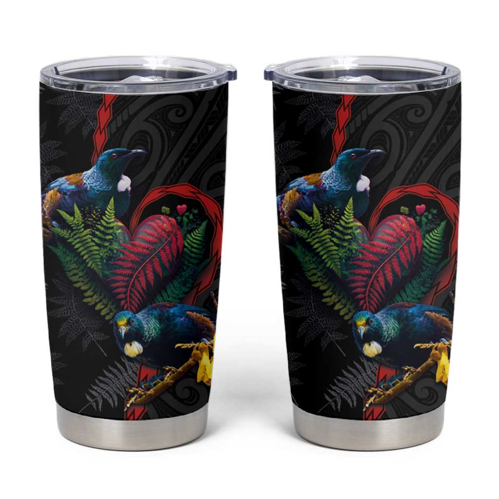 New Zealand Tui Birds Love Couple Tumbler Cup The Heart of Silver Fern Leaves and Maori Tattoo Pattern - Wonder Print Shop