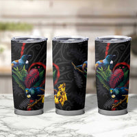 New Zealand Tui Birds Love Couple Tumbler Cup The Heart of Silver Fern Leaves and Maori Tattoo Pattern - Wonder Print Shop