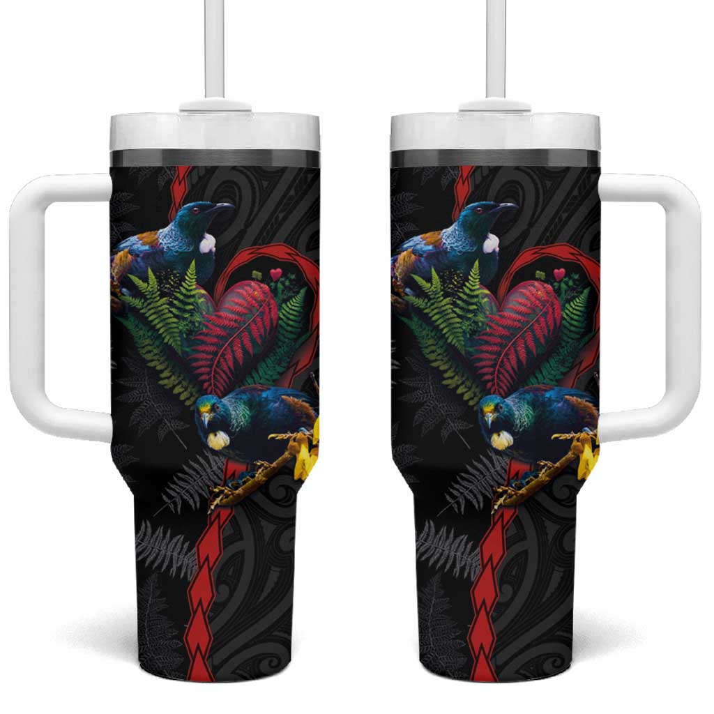 New Zealand Tui Birds Love Couple Tumbler With Handle The Heart of Silver Fern Leaves and Maori Tattoo Pattern - Wonder Print Shop