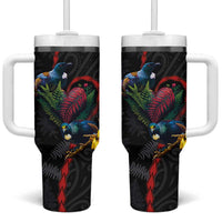 New Zealand Tui Birds Love Couple Tumbler With Handle The Heart of Silver Fern Leaves and Maori Tattoo Pattern - Wonder Print Shop
