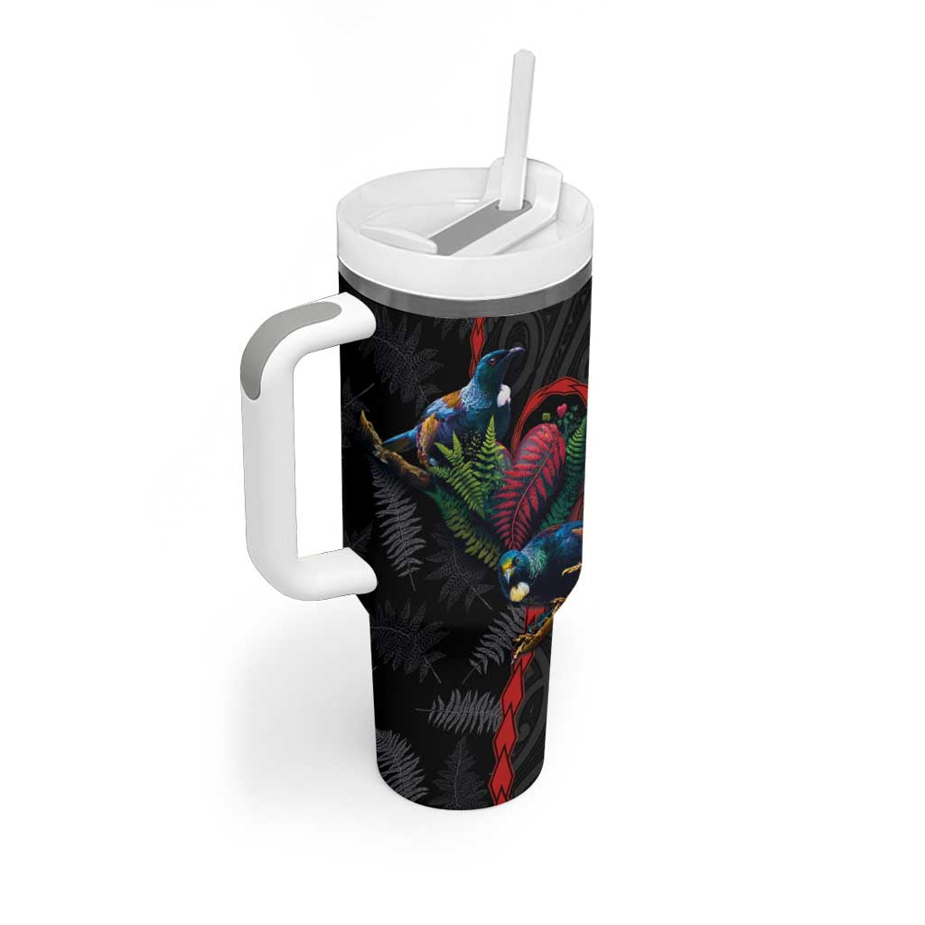 New Zealand Tui Birds Love Couple Tumbler With Handle The Heart of Silver Fern Leaves and Maori Tattoo Pattern - Wonder Print Shop