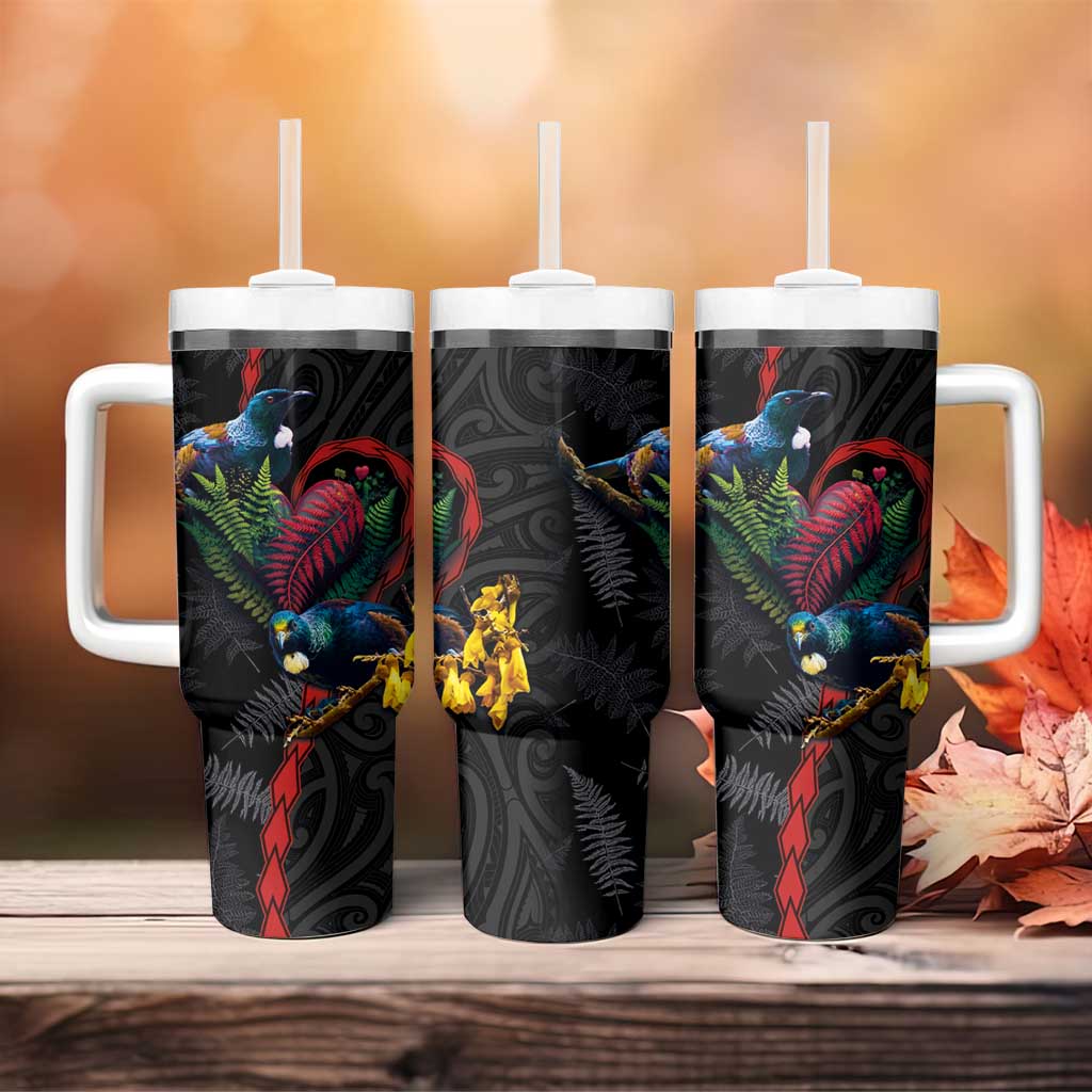 New Zealand Tui Birds Love Couple Tumbler With Handle The Heart of Silver Fern Leaves and Maori Tattoo Pattern - Wonder Print Shop