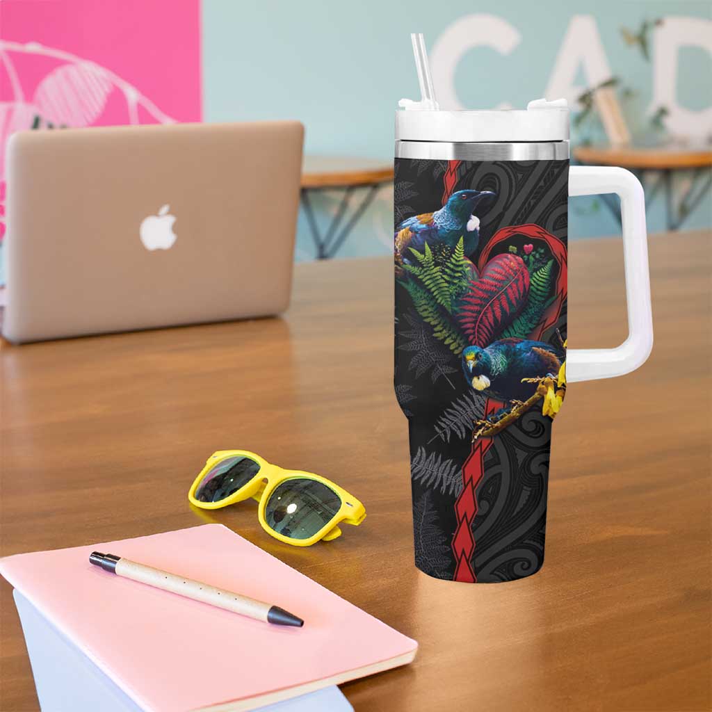 New Zealand Tui Birds Love Couple Tumbler With Handle The Heart of Silver Fern Leaves and Maori Tattoo Pattern - Wonder Print Shop
