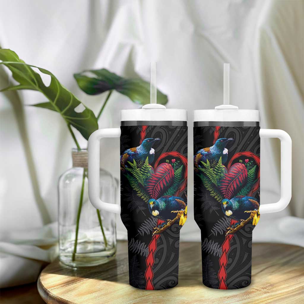 New Zealand Tui Birds Love Couple Tumbler With Handle The Heart of Silver Fern Leaves and Maori Tattoo Pattern - Wonder Print Shop
