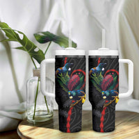 New Zealand Tui Birds Love Couple Tumbler With Handle The Heart of Silver Fern Leaves and Maori Tattoo Pattern - Wonder Print Shop