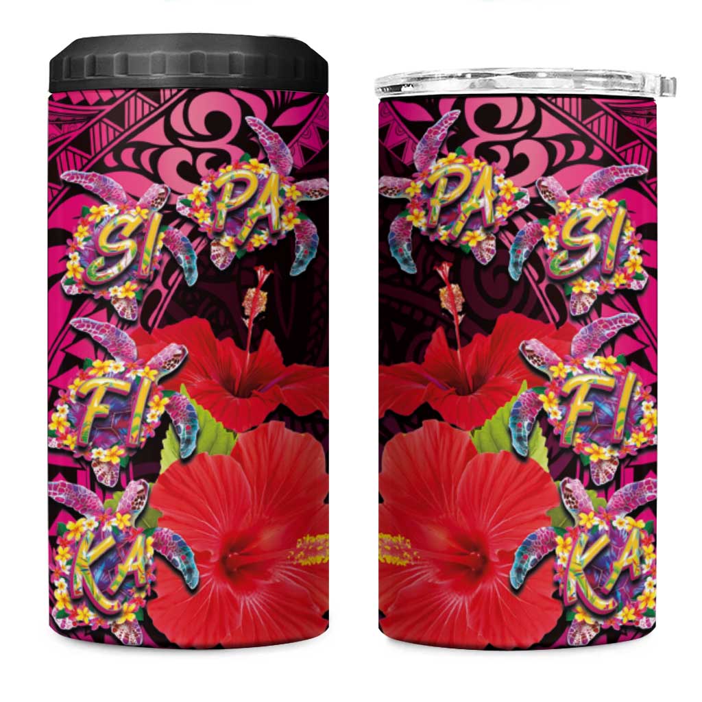 Pasifika Festival 4 in 1 Can Cooler Tumbler Plumeria Turtles with Hibiscus - Polynesian Art Tattoo Pink Color - Wonder Print Shop
