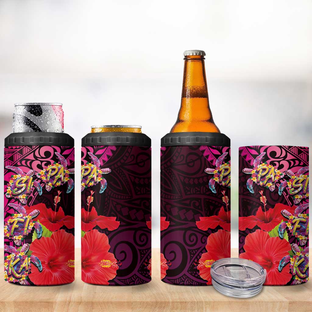 Pasifika Festival 4 in 1 Can Cooler Tumbler Plumeria Turtles with Hibiscus - Polynesian Art Tattoo Pink Color - Wonder Print Shop