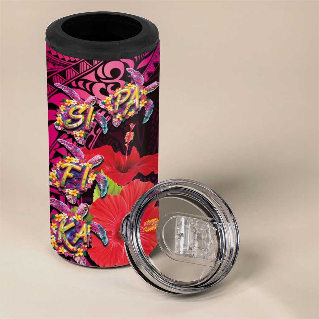 Pasifika Festival 4 in 1 Can Cooler Tumbler Plumeria Turtles with Hibiscus - Polynesian Art Tattoo Pink Color - Wonder Print Shop